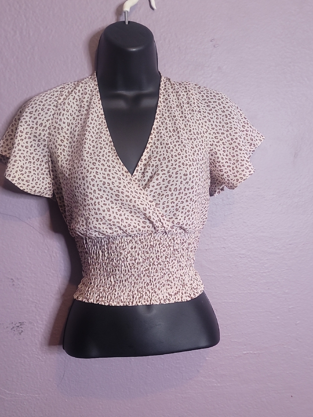 Paper Crane Blush Leopard Smocked Wrap Crop Top